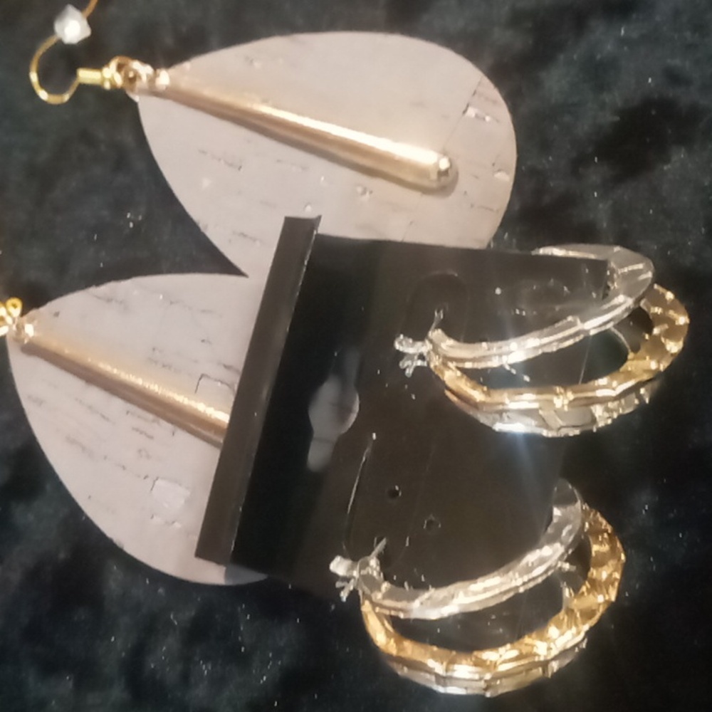 Elegant Gold and Silver Hoop Earrings With Gold Bar & Leather Drop Earrings